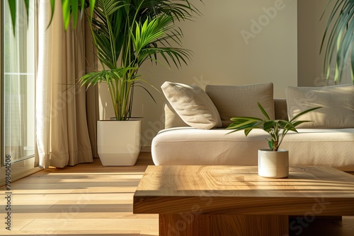 Sophisticated Tropical Minimal Living Room with Wooden Coffee Table & Beige Sofa