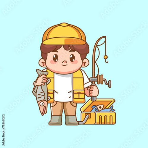 Cute smile fisher fishing kawaii chibi character mascot illustration outline style design