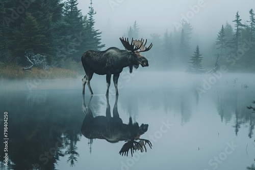 moose standing by a misty lake in the early morning  its reflection perfectly mirrored in the still water  Moose isolated on white Bull moose in Algonguin Park  Ontario  Canada  hiding among the tress