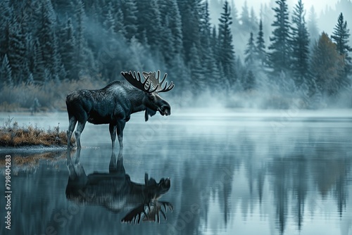 moose standing by a misty lake in the early morning  its reflection perfectly mirrored in the still water  Moose isolated on white Bull moose in Algonguin Park  Ontario  Canada  hiding among the tress