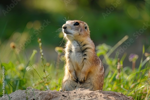 A vigilant prairie dog standing upright on a grassy knoll, on the lookout for danger, a symbol of alertness © Sittipol 