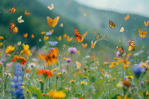 kaleidoscope of butterflies fluttering around a wildflower meadow, a burst of color against the greenery Monarch butterfly, Danaus plexippus, resting on a flowering plant in a butterfly 