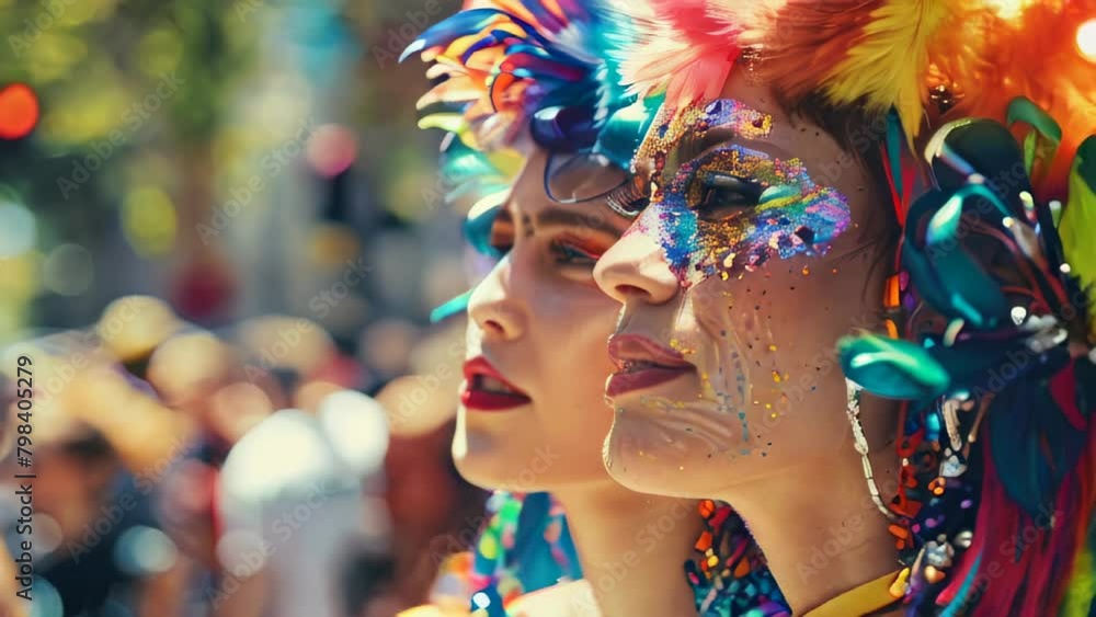 Woman with colorful feathers and glitter at festive event Woman with colorful feathers and glitter at festive event
