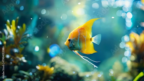 Colorful tropical fish swimming in blue water among aquatic plants photo