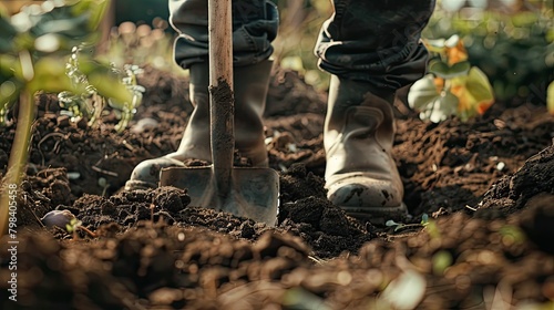 A man clad in boots is hard at work in the garden digging into the rich black soil The camera captures a close up of the shovel as it breaks ground Engaged in agricultural tasks a worker dil photo