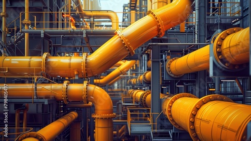 Complex maze of orange industrial pipes at a chemical processing plant