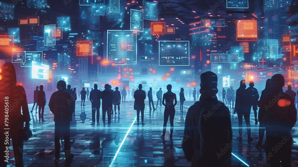 Futyristic city life. A group of people in silhouette were surrounded by glowing digital screens and holographic images representing the AI wave