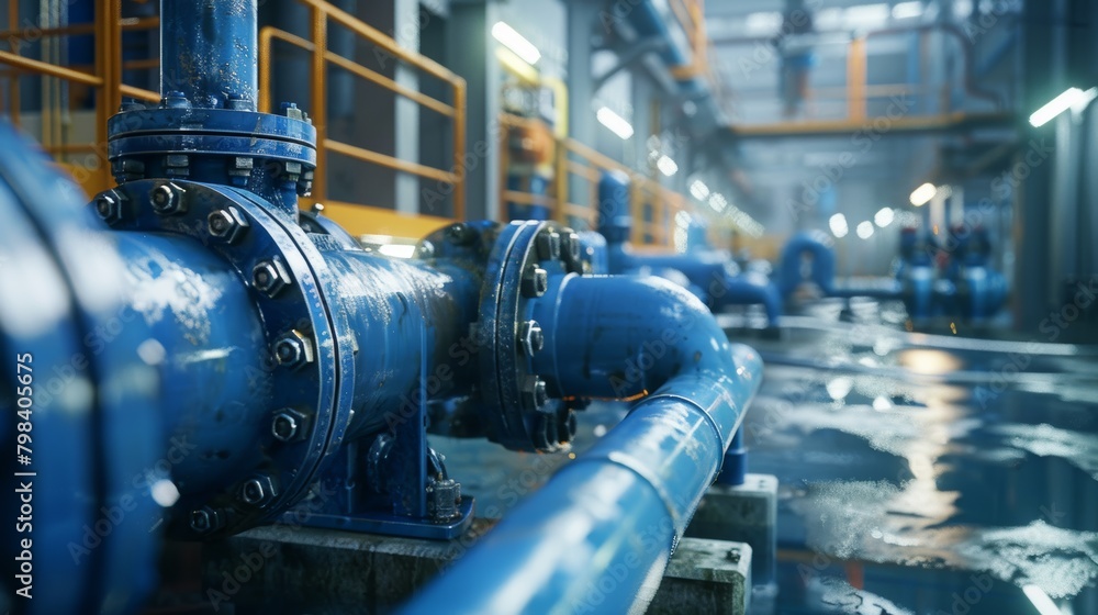 Blue pipeline system in water treatment facility with modern industrial equipment and technology Blue pipeline system in water treatment facility with modern industrial equipment and technology