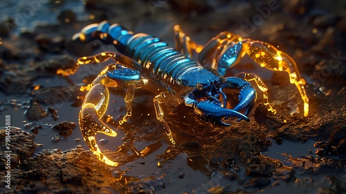 Scorpion with glowing gold and blue body, on dark wet soil background