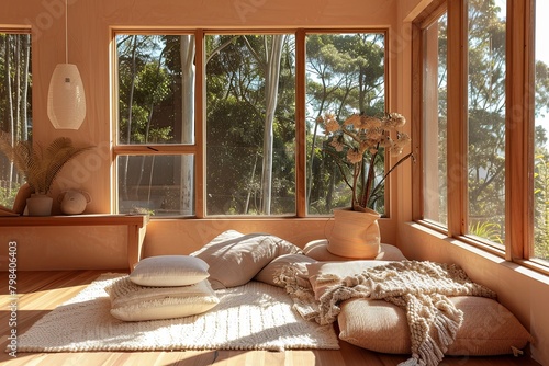Sunlit Peach-Toned Minimalist Room with Nature Views and Modern Wooden Accents