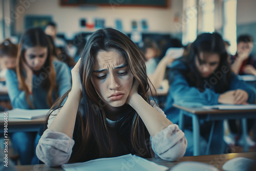 Stressed and sad young woman taking an exam, struggling with anxiety and sadness as she strives to succeed in her studies and future career