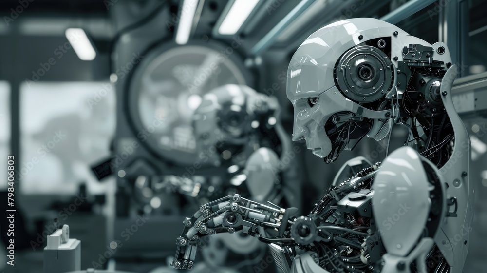 Fototapeta premium Robot working at manufacturing production factory. Technology of the future. AI Generated 