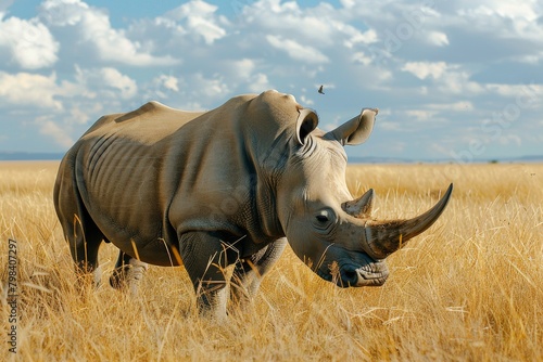 magnificent rhinoceros majestically roaming the African savannah  its imposing horn and sturdy physique embodying strength  