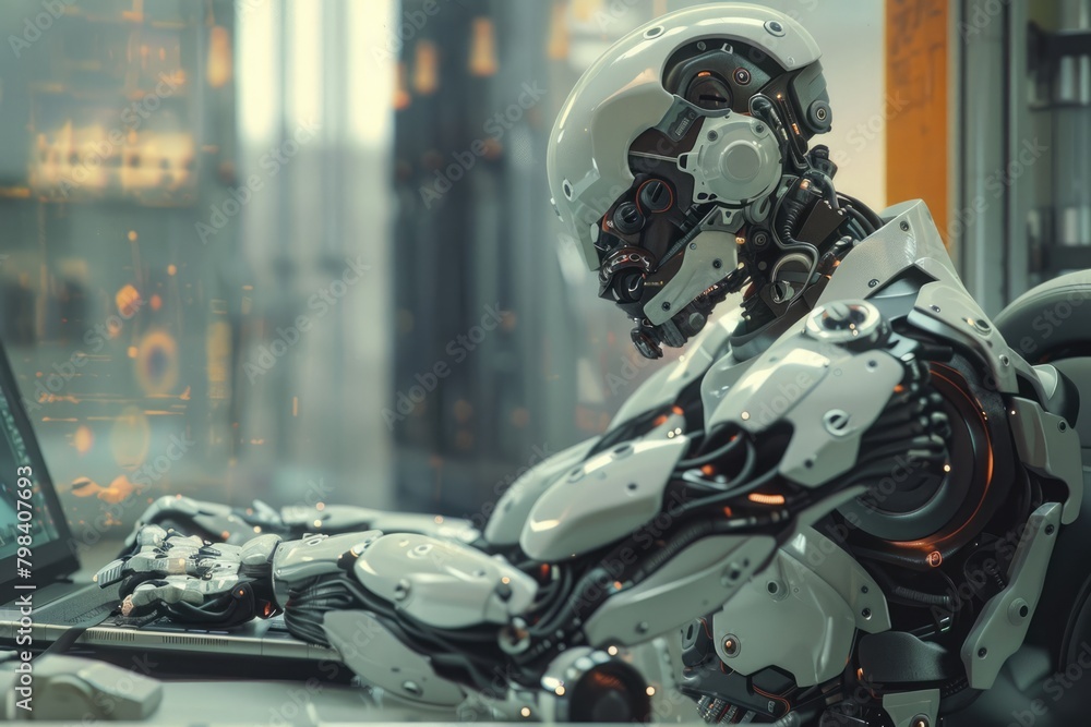 Robot working at computer. Android in the office. Technology of the future. AI Generated Robot working at computer. Android in the office. Technology of the future. AI Generated