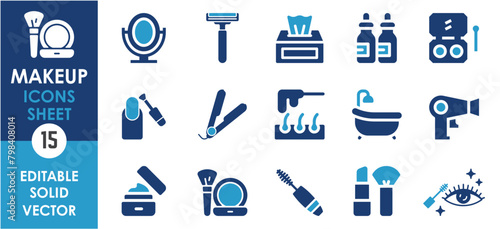 Beauty and makeup icons set with mirror, nail polish, wax, razor and so on.