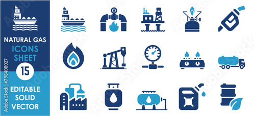 Set of 15 flat icons related to natural gas. Filled icon collection. Editable Vectors. photo