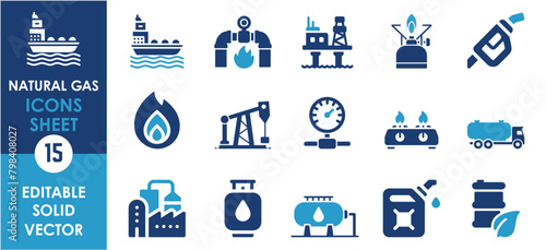 Set of 15 flat icons related to natural gas. Filled icon collection. Editable Vectors.