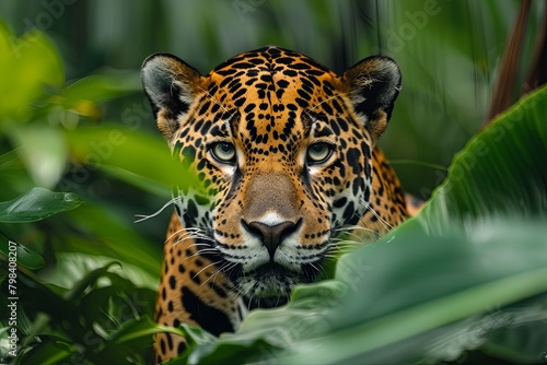 Camouflage male jaguar lurking in forest blue eyes. Jaguar  Panther  front view  isolated on white  shadow.