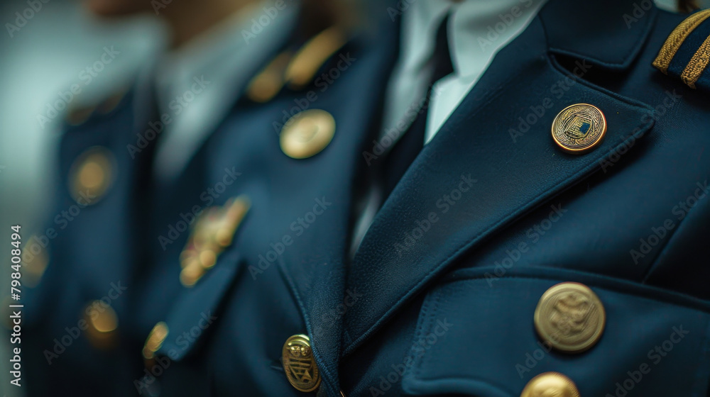 A man in a blue uniform with a gold badge on his lapel
