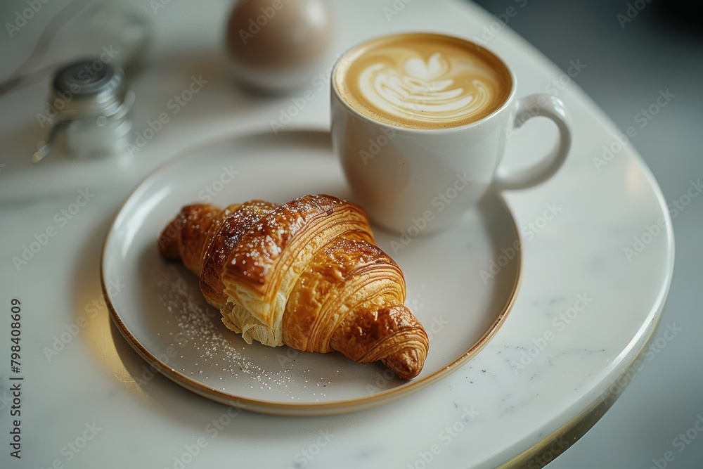 Cup of coffee with latte art with croissants on wooden table and morning sunlight with shadow through from window. Beautiful meal with warm sunlight. Cup of coffee with latte art with croissants on wooden table and morning sunlight with shadow through from window. Beautiful meal with warm sunlight.