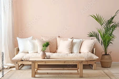 Trendy Peach Interior: Cozy Minimalist Living Room with Stylish Furniture, Soft Cushions, and Urban Contemporary Touch