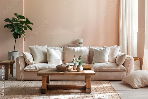 Trendy Peach Interior: Cozy Minimalist Living Room with Stylish Furniture and Lush Greenery