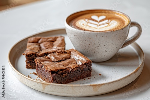 Cup of coffee with latte art with brownies on wooden table and morning sunlight with shadow through from window. Beautiful meal with warm sunlight.