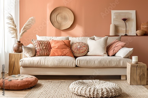 `Peachy Chic Living Room: Beige Sofa in Trendy Wooden Setting`