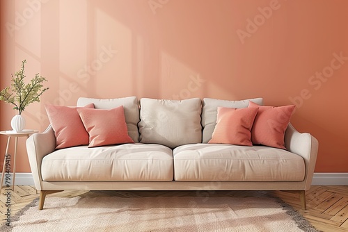 Urban Design Living Room: Comfortable Peach & Beige Tones with Sustainable Furniture & Focal Beige Sofa