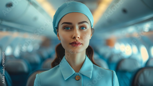 A woman wearing a blue hat and blue dress stands in the middle of an airplane photo