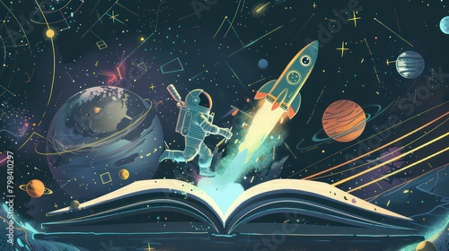 Open science book illustration, astronaut space planet theme.