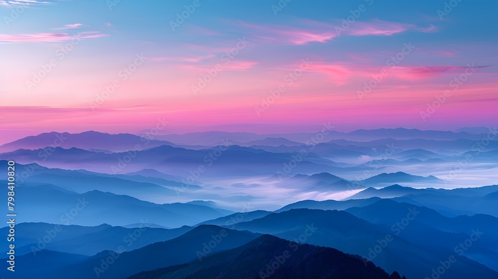 The sky at dawn, with the horizon pink and blue, mountains in misty layers below. For Design, Background, Cover, Poster, Banner, PPT, KV design, Wallpaper