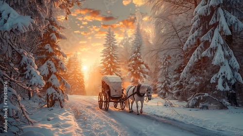 Beautiful winter landscape with snowcovered trees and sunset sky photo