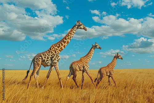 A family of giraffes gracefully walking across the savannah, their long necks and patterned coats, 
