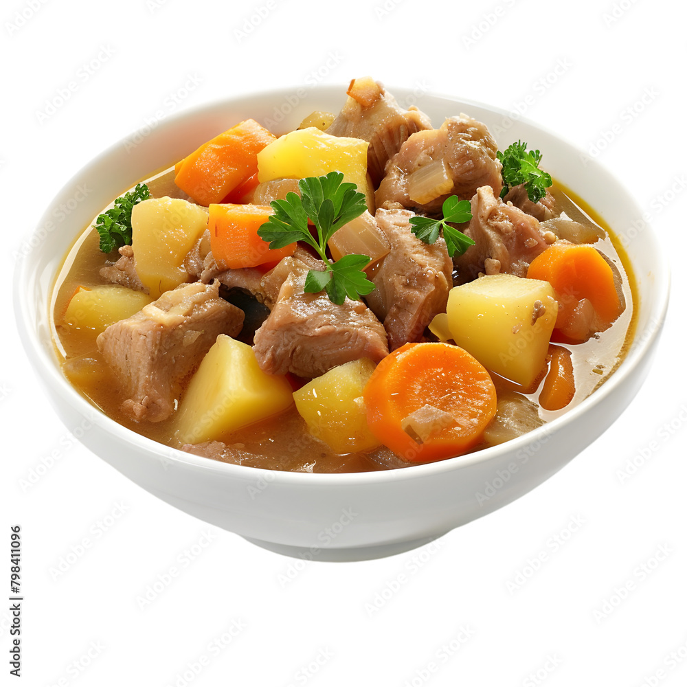 A traditional Irish stew, with lamb, potatoes, and carrots, transparent background, PNG Cutout A traditional Irish stew, with lamb, potatoes, and carrots, transparent background, PNG Cutout