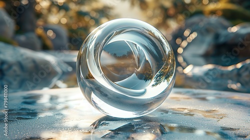 Looped glass ball with metal ring rotating on curved surface © Jennifer