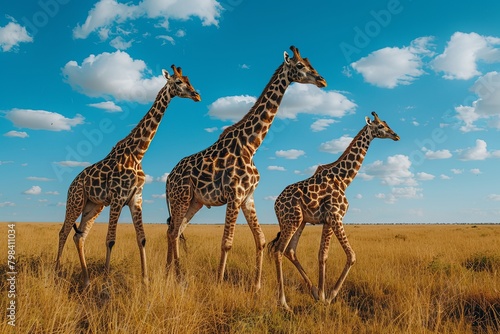  A family of giraffes gracefully walking across the savannah  their long necks and patterned coats