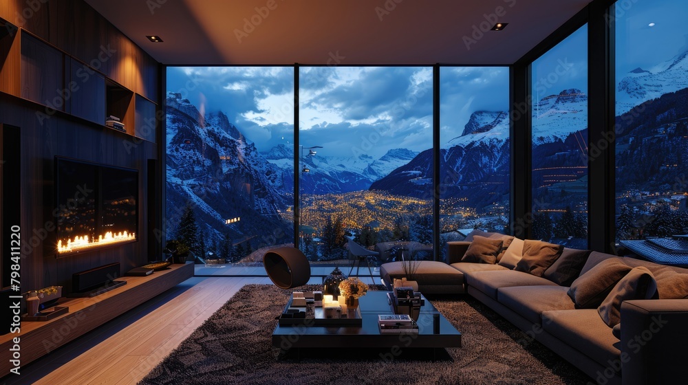 Obraz premium At night, the luxurious living room, the city outside the window