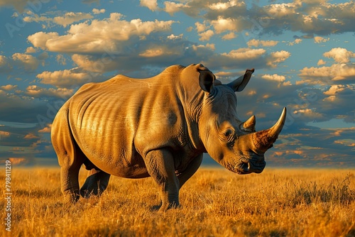 magnificent rhinoceros majestically roaming the African savannah, its imposing horn and sturdy physique embodying strength,