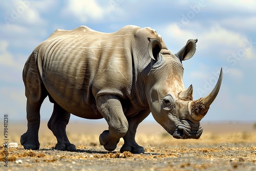 magnificent rhinoceros majestically roaming the African savannah, its imposing horn and sturdy physique embodying strength,