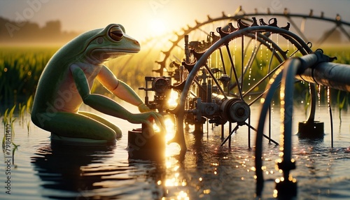 A frog is sitting on a water wheel in a flooded field and looking at the sunset. photo