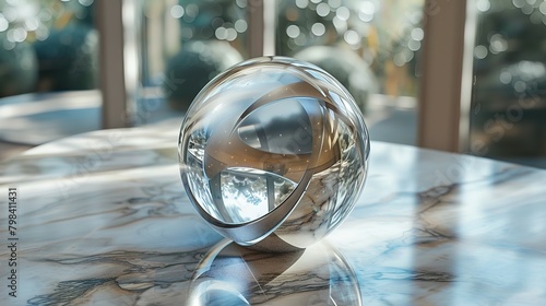 Looped glass ball with metal ring rotating on curved surface