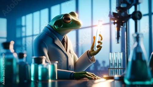 A frog wearing a lab coat is conducting an experiment in a laboratory.