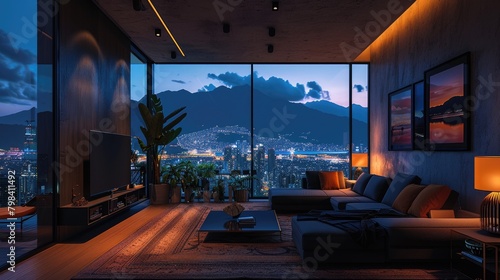 At night  the luxurious living room  the city outside the window