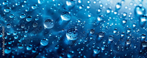 Water droplets or oil bubbles on a blue background creating a mesmerizing and abstract panorama picture.
