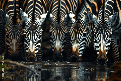  A group of zebras gathering near a watering hole  their black and white stripes 