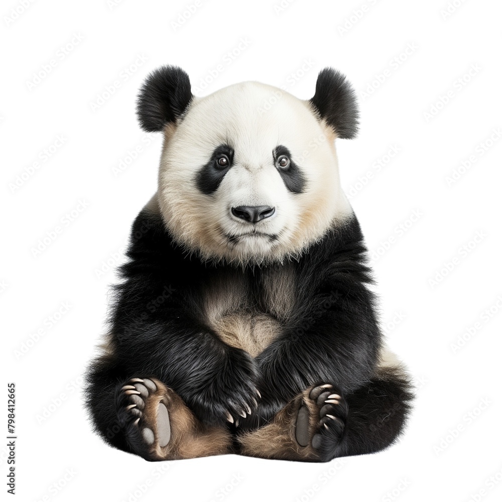 Serene scene of a panda peacefully sitting alone against a clean white backdrop. Serene scene of a panda peacefully sitting alone against a clean white backdrop.