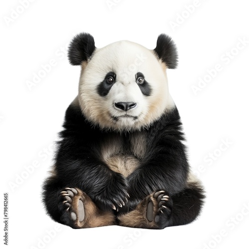 Serene scene of a panda peacefully sitting alone against a clean white backdrop.