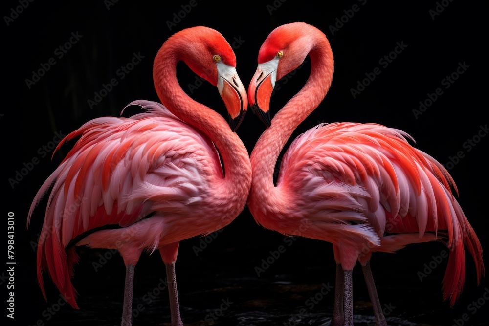 Flamingo bird animal set photo isolated on white background. This has clipping path. pink flamingos during a brilliant sunset ,Beautiful flamingos walking in the water with green grasses background.