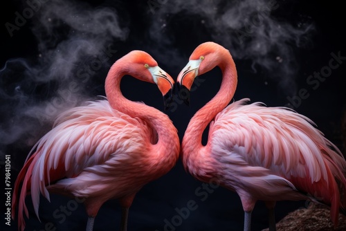 Flamingo bird animal set photo isolated on white background. This has clipping path. pink flamingos during a brilliant sunset ,Beautiful flamingos walking in the water with green grasses background.